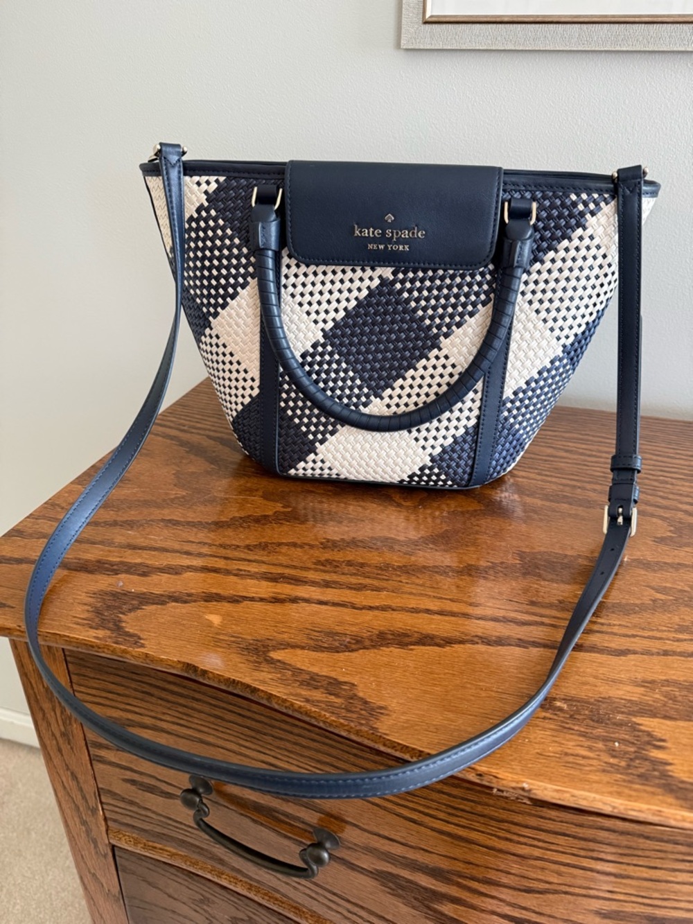 kate spade Navy and White Woven Crossbody Satchel